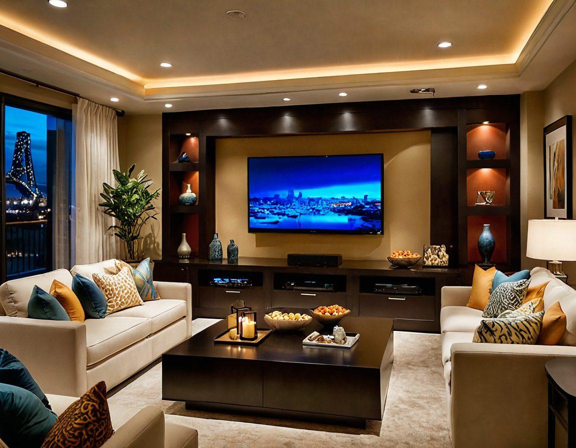 A luxurious and inviting home entertainment setup featuring a large high-definition TV displaying a colorful, engaging adult video streaming interface. Include cozy seating with plush cushions, ambient lighting, and a stylish coffee table adorned with snacks and drinks, creating an atmosphere of relaxation and pleasure. Warm tones and elegant décor should enhance the mood. super-realistic. vibrant colors. cozy ambiance.