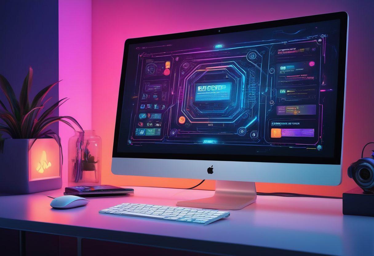 A sleek, modern computer screen displaying a variety of adult content websites, with a user-friendly interface and vibrant icons. Surround the screen with various playful elements like abstract shapes and soft light gradients in the background. Include hints of technology, like circuit patterns, to add a contemporary touch. The scene should evoke curiosity and exploration, inviting users to engage. cyberpunk. vibrant colors. digital art.