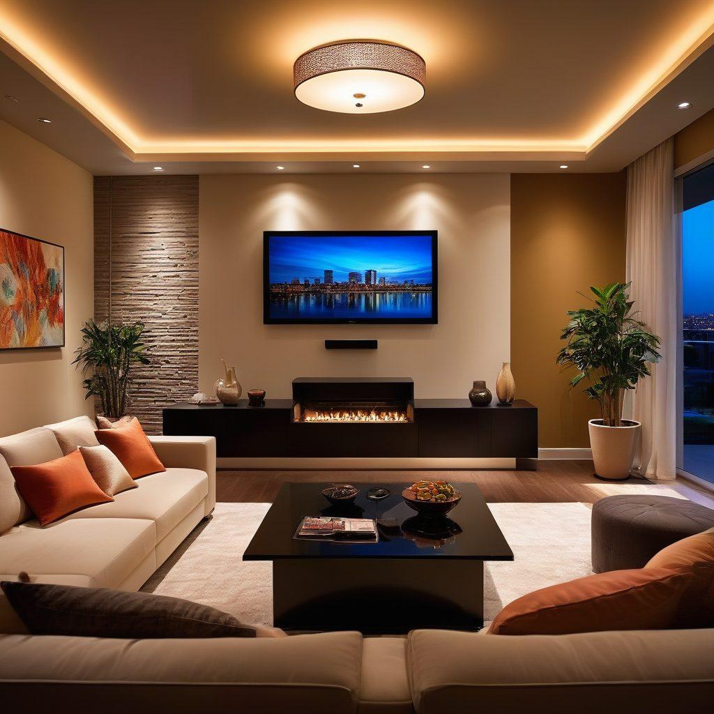 A modern, sleek home entertainment setup displaying various adult video streaming services on a high-definition screen, surrounded by plush furniture and dim ambient lighting to create an intimate atmosphere. Include subtle hints of technology, such as a remote control and a smartphone reflecting streaming options. The background should evoke a sense of comfort and privacy. vibrant colors. super-realistic.
